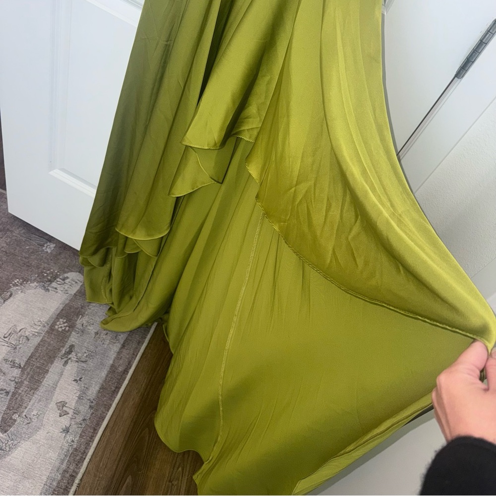 Ieena for Mac Duggal One Shoulder A-Line Long Sleeve High Chartreuse Satin Dress - Picture 14 of 15